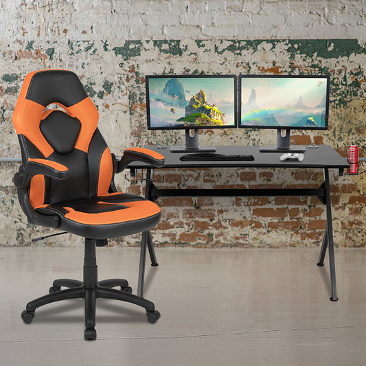 Black Gaming Desk and Orange/Black Racing Chair Set with Cup Holder, Headphone Hook & 2 Wire Management Holes freeshipping - Barnhill Desk