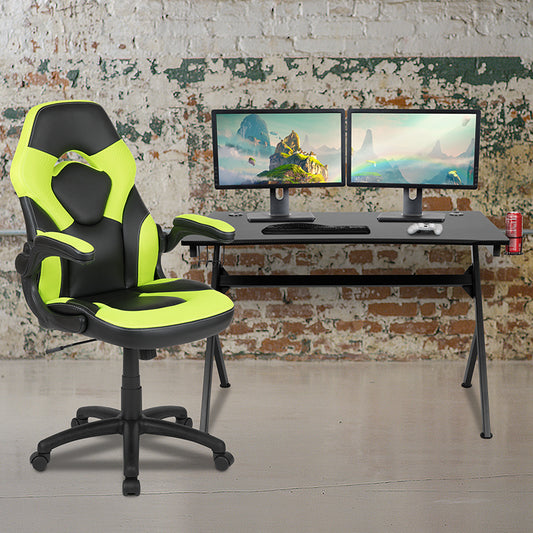 Black Gaming Desk and Green/Black Racing Chair Set with Cup Holder, Headphone Hook & 2 Wire Management Holes freeshipping - Barnhill Desk