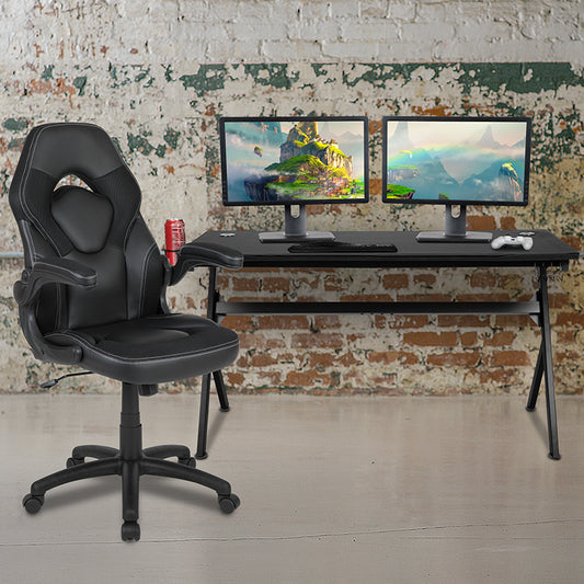 Gaming Desk and Black Racing Chair Set /Cup Holder/Headphone Hook/Removable Mouse Pad Top - 2 Wire Management Holes freeshipping - Barnhill Desk