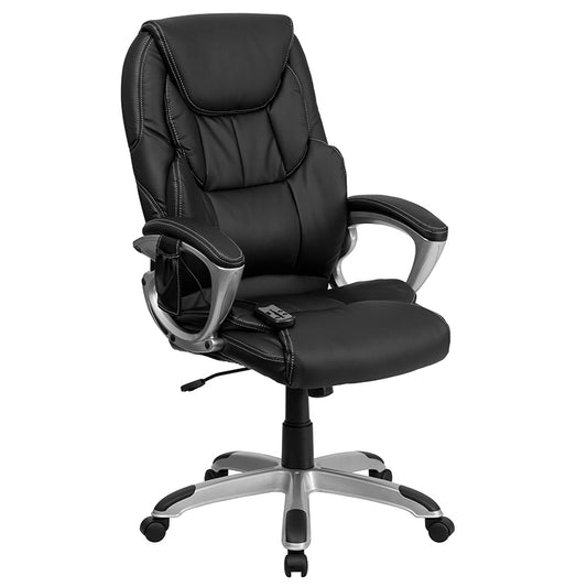 High Back Ergonomic Massaging Black LeatherSoft Executive Swivel Office Chair with Silver Base and Arms freeshipping - Barnhill Desk