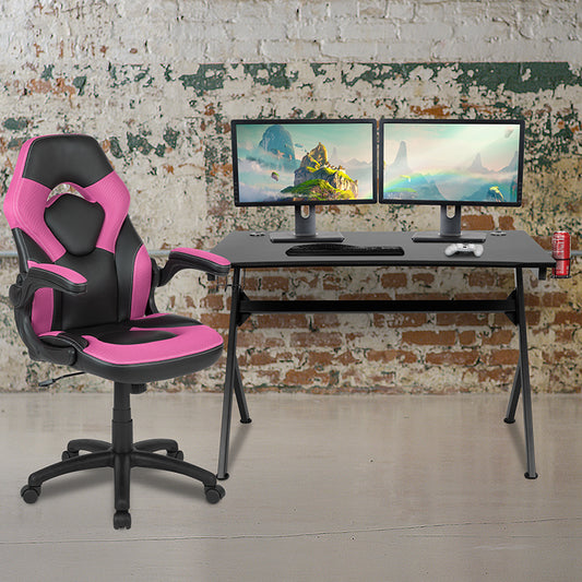 Black Gaming Desk and Pink/Black Racing Chair Set with Cup Holder, Headphone Hook & 2 Wire Management Holes freeshipping - Barnhill Desk