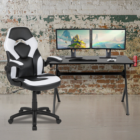 Black Gaming Desk and White/Black Racing Chair Set with Cup Holder, Headphone Hook & 2 Wire Management Holes freeshipping - Barnhill Desk