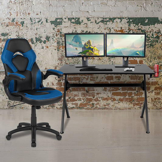 Black Gaming Desk and Blue and Black Racing Chair Set with Cup Holder, Headphone Hook & 2 Wire Management Holes freeshipping - Barnhill Desk