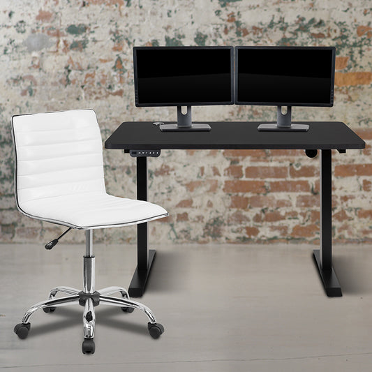 48" Wide Black Electric Height Adjustable Standing Desk with Designer Armless White Ribbed Swivel Task Office Chair freeshipping - Barnhill Desk